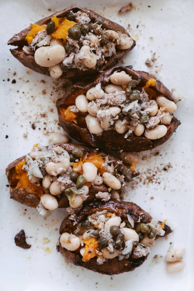 tuna and butter bean stuffed sweet potatoes