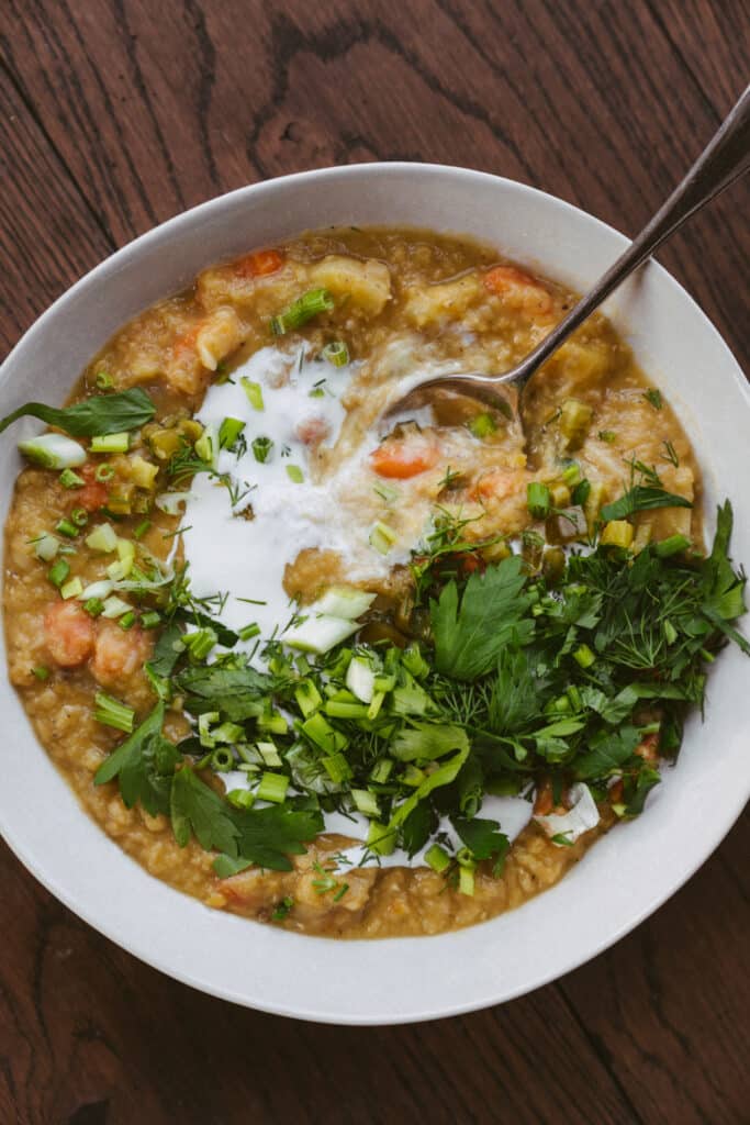 Warming Red Lentil, Potato And Carrot Stew With Fresh Herbs