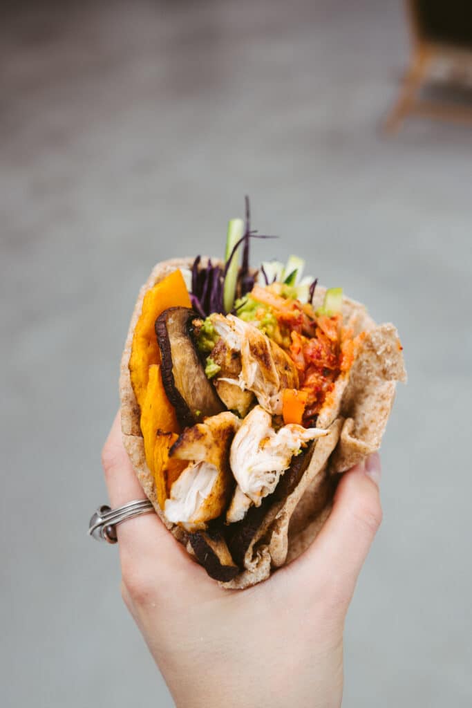 Chicken And Veggie Pita Sandwich With Kimchi