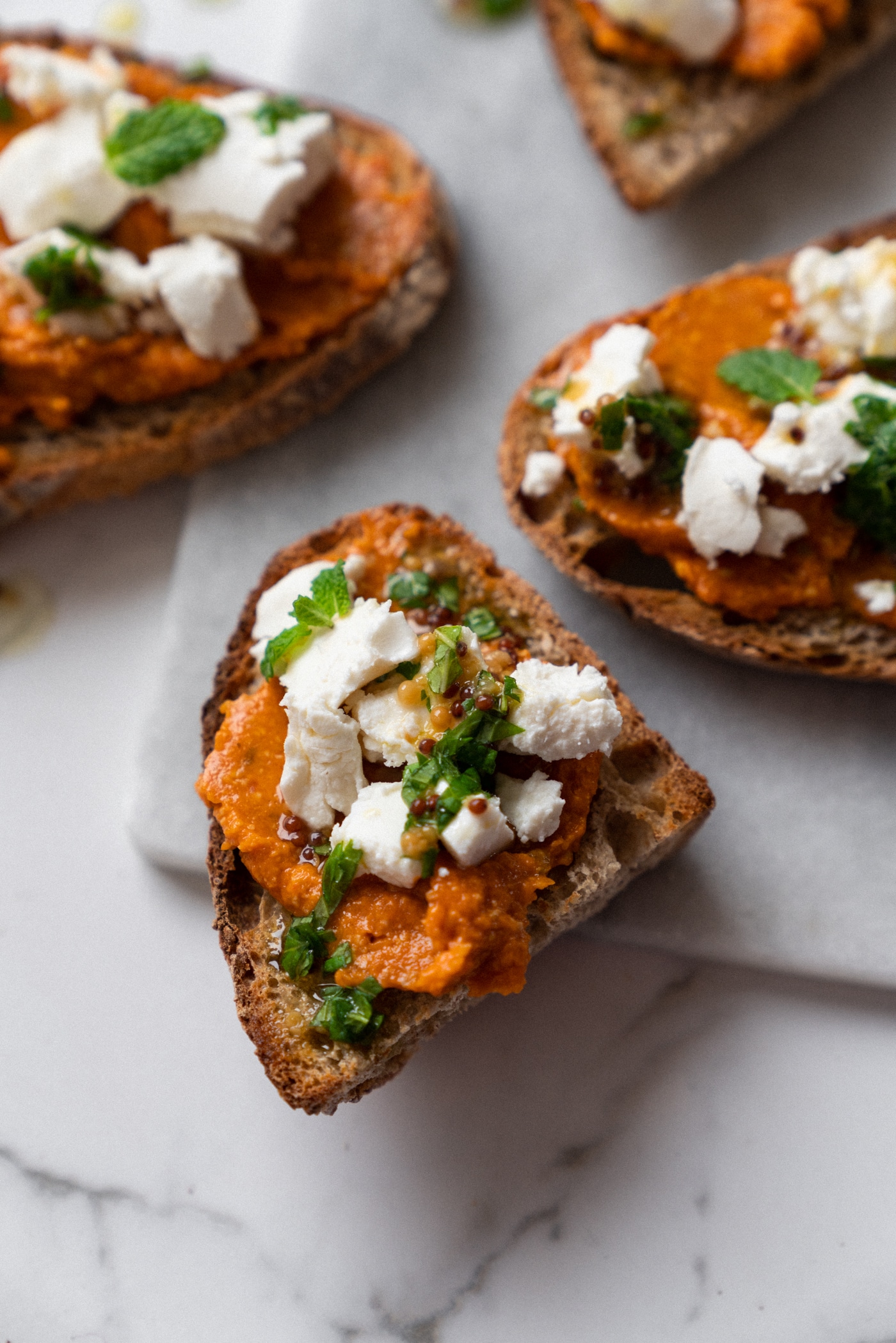 Tomato And Goat Cheese Toasts With Mint Drizzle