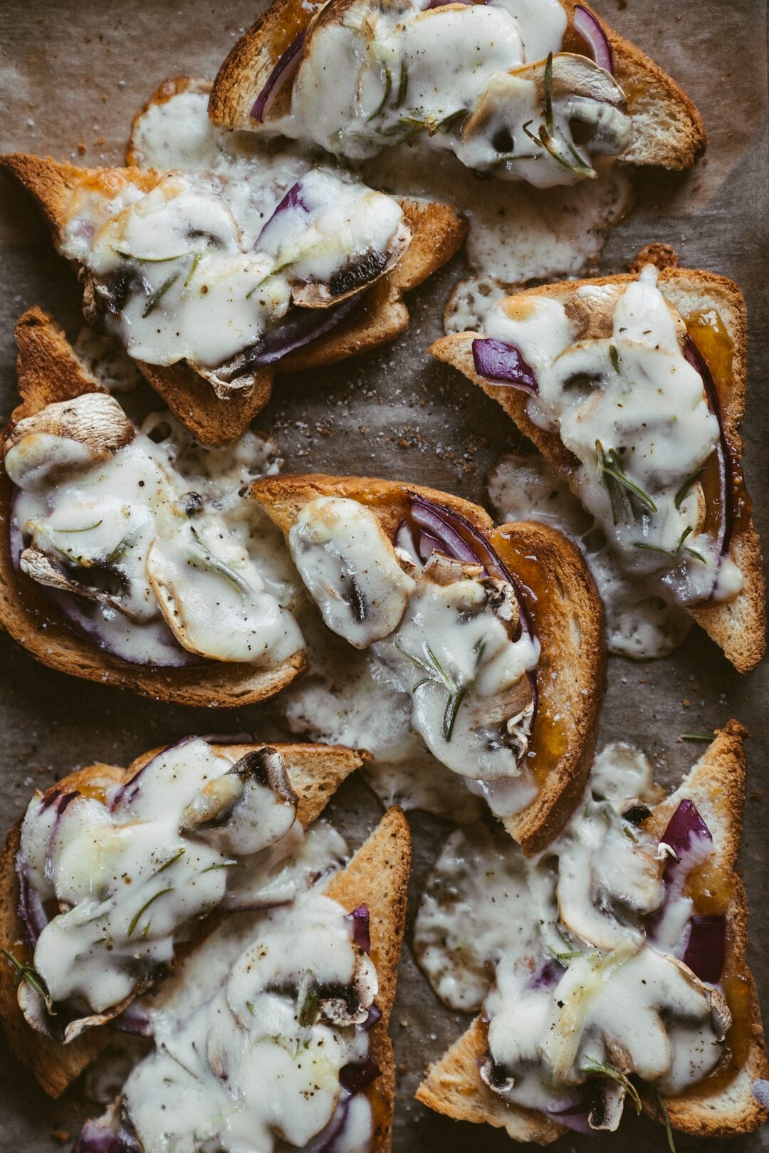 Hot Sweet And Savoury Crostini With Cheese And Mushrooms