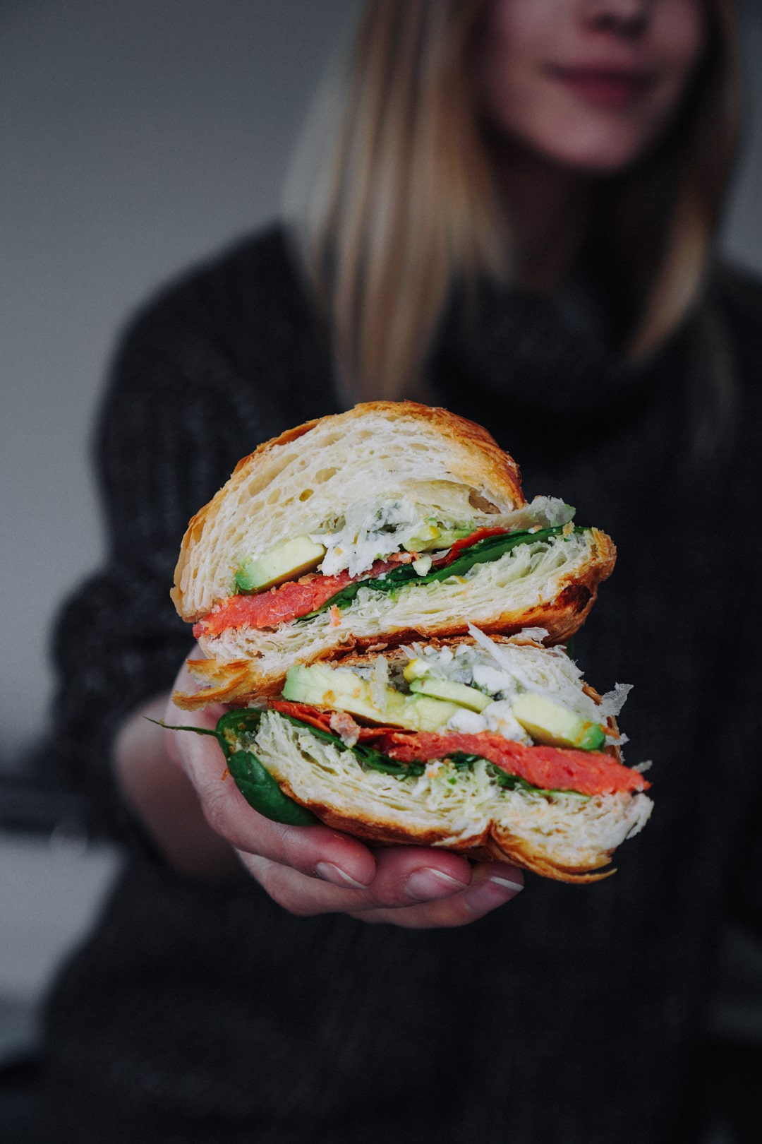 Smoked Salmon, Avocado And Blue Cheese Croissant Sandwich