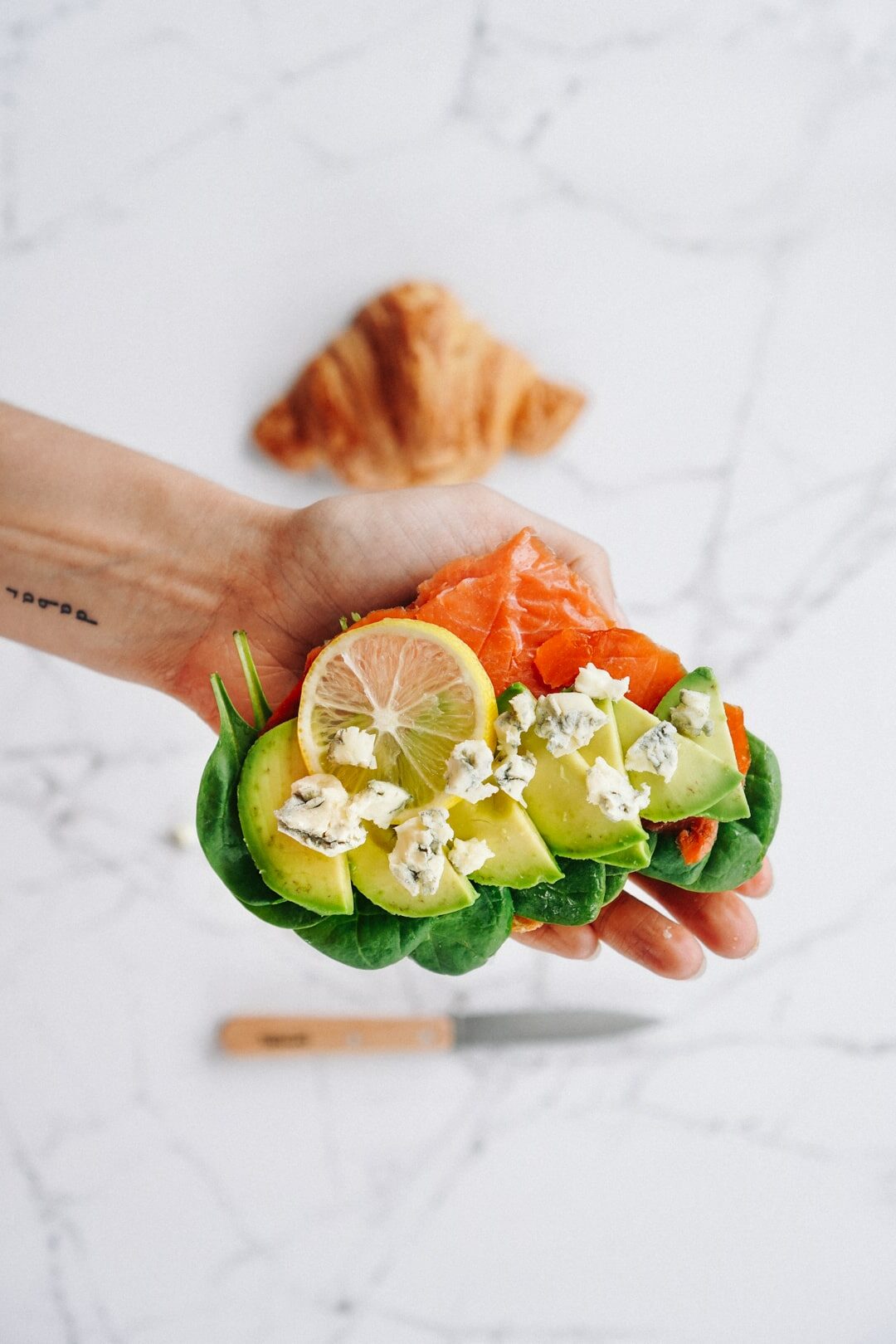 Smoked Salmon, Avocado And Blue Cheese Croissant Sandwich