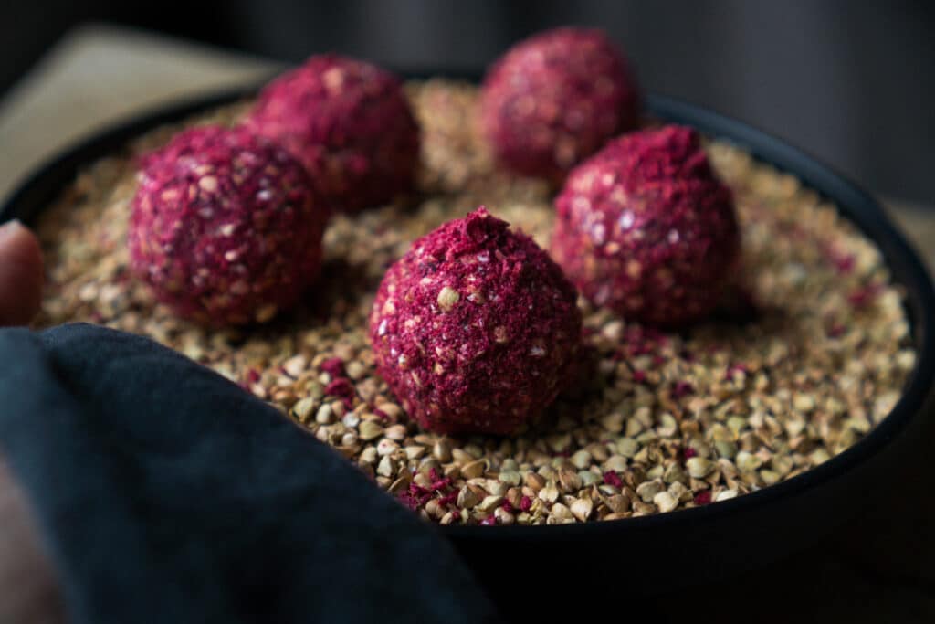 Sprouted Buckwheat, Date And Raspberry Energy Balls